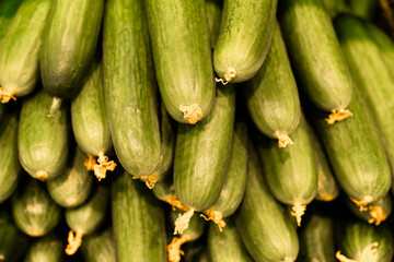 Cucumbers on the market in blur as a background. Selective focus