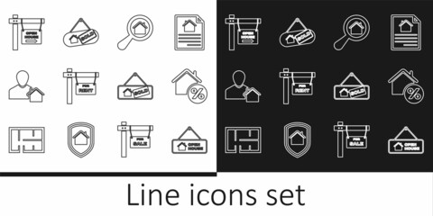Set line Hanging sign with Open house, House percant, Search, For Rent, Realtor, Sold and icon. Vector