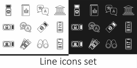 Set line Online hotel booking, Mobile with ticket, Translator, Train, Bus, and Cover travel guide icon. Vector