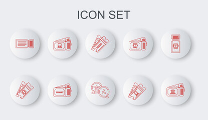 Set line Museum ticket, Bus, Ticket, Train, and Translator icon. Vector