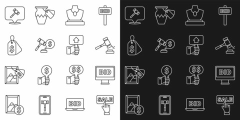 Set line Price tag with Sale, Online auction, Auction hammer, jewelry sale, price, and Hand holding paddle icon. Vector