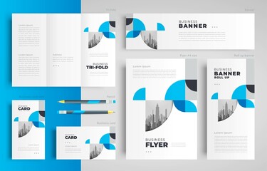 Blue color circles geometric theme Set flyer cover, tri-fold, banner, roll up banner, business card