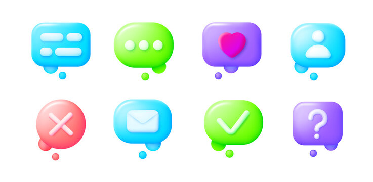 Bubble speak trendy 3d collection for banner design. 3d chat icon set. Vector 3d illustration. Dialog, chat speech bubble. Online social network. Social media