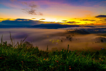 Beautiful scenery views mist in the mountain at sunrise. Morning mist sunrise at Khao Takhian Ngo views point, Khao Kho, Phetchabon, Thailand