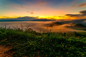 Beautiful scenery views mist in the mountain at sunrise. Morning mist sunrise at Khao Takhian Ngo views point, Khao Kho, Phetchabon, Thailand