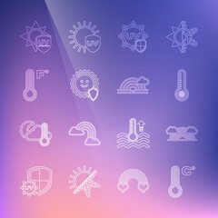 Set line Meteorology thermometer, Rainbow with clouds, UV protection, and icon. Vector