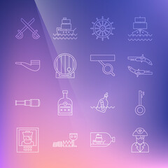 Set line Pirate captain, key, Vintage pistols, Ship steering wheel, Wooden barrel, Smoking pipe, Crossed pirate swords and eye patch icon. Vector