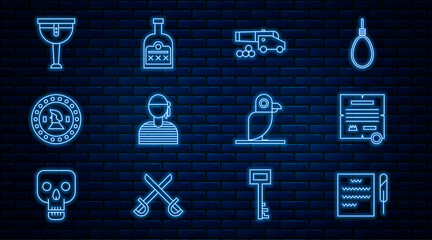 Set line Feather pen and scroll, Decree, parchment,, Cannon with cannonballs, Sailor captain, Pirate coin, Wooden pirate leg, parrot and Alcohol drink Rum bottle icon. Vector