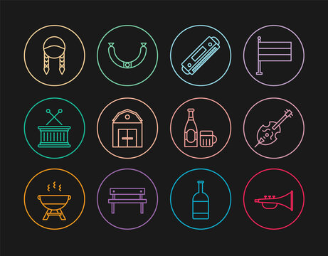Set line Musical instrument trumpet, Violin, Harmonica, Farm House, drum and sticks, Braid, Beer bottle glass and Sausage icon. Vector
