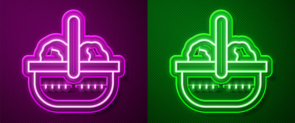 Glowing neon line Shopping basket and food icon isolated on purple and green background. Food store, supermarket. Vector