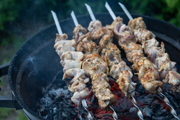 Partially roasted shish kebab, or souvlaki, strung on skewers and put on red-hot coals. Juicy turkey meat is being cooked on the backyard of country house. Family barbeque