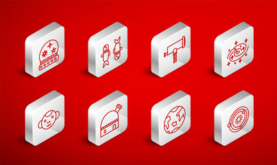 Set line Solar system, Pisces zodiac, Telescope, Milky way spiral galaxy, Planet Earth, Magic ball, Astronomical observatory and Monkey icon. Vector