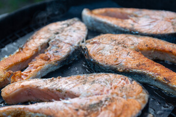 Delicious and juicy pieces of salmon are grilled on a special non-stick Teflon lining. Family barbecue in the backyard of a country house. Selective focus