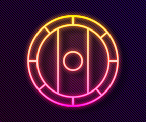 Glowing neon line Shield viking icon isolated on black background. Round wooden shield. Security, safety, protection, privacy, guard concept. Vector