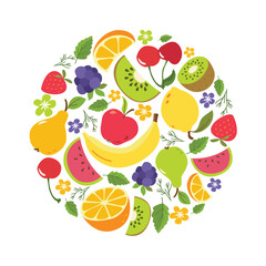 Vector fruits in round composition. A bright illustration of fresh fruit. Healthy vegetarian food, orange, cherry, mint, blue raspberry, banana, kiwi, lemon, watermelon, strawberry, pear, apple. 