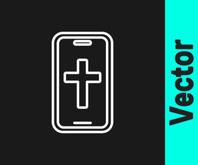 Obraz premium White line Christian cross on mobile phone icon isolated on black background. Church cross. Vector