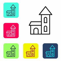 Black line Church building icon isolated on white background. Christian Church. Religion of church. Set icons in color square buttons. Vector