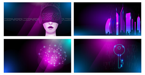 A set of horizontal banners in neon colors on the theme of modern computer technologies. The concepts of vector illustrations in the style of cyberpunk.