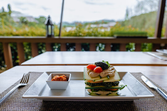 Raw Vegan Food, Vegan, detox Top view, flat lay, Lasagne with Spinach and tomato
