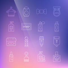 Set line Aftershave, Electric razor blade for men, Shaving gel foam, Bow tie, Bar of soap with, Bottle shampoo, Towel on hanger and bottle atomizer icon. Vector