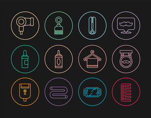 Set line Hairbrush, Barbershop, Curling iron for hair, Bottle of shampoo, Beard and mustaches care oil bottle, dryer, Towel hanger and icon. Vector