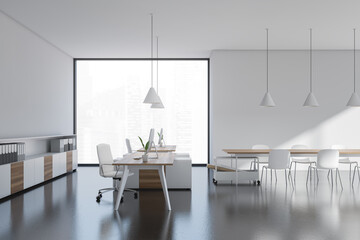 Fototapeta premium Side view on bright office room interior with desk, desktops