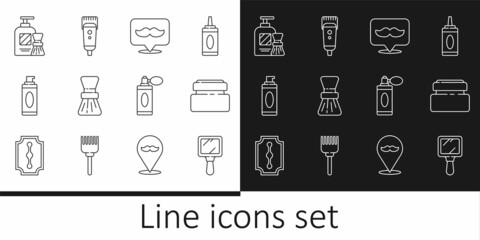 Set line Hand mirror, Cream lotion cosmetic tube, Barbershop, Shaving brush, gel foam, Aftershave bottle with atomizer and Electrical hair clipper shaver icon. Vector