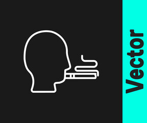 White line Man smoking a cigarette icon isolated on black background. Tobacco sign. Vector