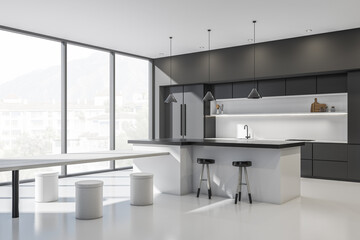 White and black kitchen set interior with dining table and chairs, window