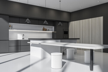 Minimalist kitchen set interior with table and chairs, rack with kitchenware