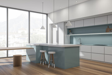 Minimalist kitchen set interior with dining table and chairs, panoramic window