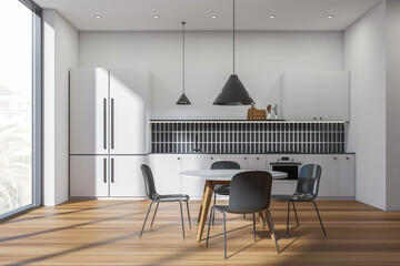 White kitchen set interior with dining table and chairs, shelf with window