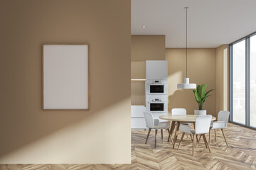 Beige kitchen interior with furniture, chairs and eating table, mock up poster