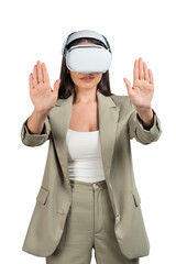 Young woman in beige suit wearing vr glasses, isolated white background
