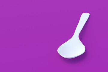 White spoon on violet background. Copy space. 3d render