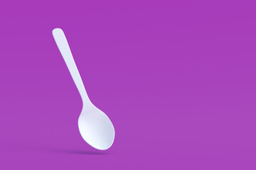 White spoon on violet background. Copy space. 3d render