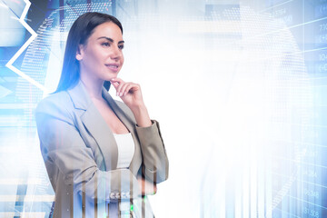 Businesswoman pensive look, bar chart with earth sphere and numbers blurred