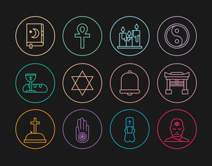 Set line Man with third eye, Japan Gate, Burning candles, Star of David, First communion symbols, Holy book Koran, Church bell and Cross ankh icon. Vector