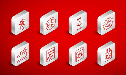 Set line Shopping paper bag of marijuana, Peace, Mobile and or cannabis, Marijuana leaf, Book, plant, Plastic and Manual grinder icon. Vector