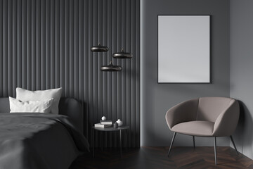 Dark bedroom interior with armchair and bed, mockup poster