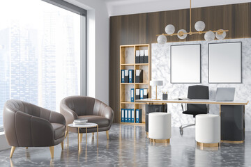 Business room interior with workplace and armchairs, window. Mockup posters