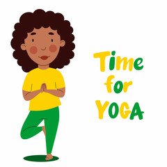 An afro-american girl stands with her leg bent. The child is engaged in sports. Time for yoga. Vector illustration in a flat style on a white background.
