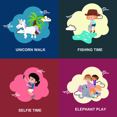 Unicorn, fishing time, selfie time, elephant ride with young kids flat vector icon collection design