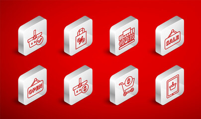 Set line Shopping basket on tablet, Shoping bag with percent discount, building and open, Hanging sign Sale, cart dollar, check mark, and Open icon. Vector