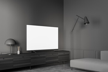 Living room interior with sofa, lamp and drawer with television mockup screen