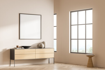 Fototapeta na wymiar Bright gallery room interior with empty white poster, panoramic window