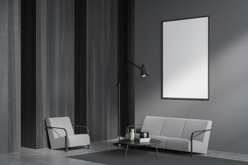 Dark guest room interior with armchair and sofa, mockup poster