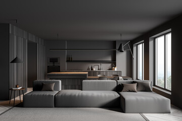 Dark kitchen interior with sofa, dining table and chairs near panoramic window