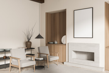 Bright living room interior with empty white poster, fireplace