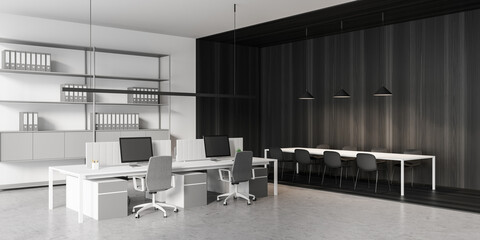 White and black business consulting room interior with furniture and computers